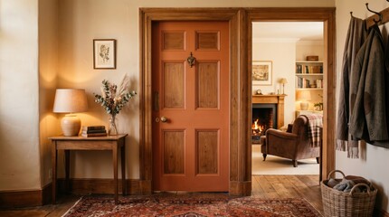 Naklejka premium Wooden door closed with view into living room fireplace