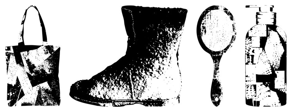 Silhouetted tote bag, boot, hand mirror, and soap dispenser rendered in high contrast halftone styled, distressed, stencil cut design ideal for graphic art or print.