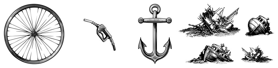 Fototapeta premium Maritime anchor, shipwreck sketches, bicycle wheel, fuel nozzle engraved art for branding, use, or design assets. Also known as nautical symbols, mechanical doodles.