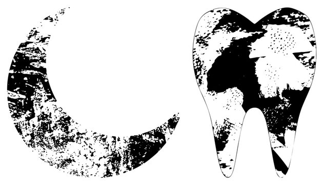 Abstract lunar and molar tooth shapes rendered with distressed texture stylized, gritty graphics, halftone vector illustrations.
