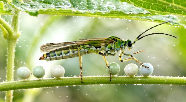 Green Lacewing Laying Eggs Under Leaf in Rare Premium Macro