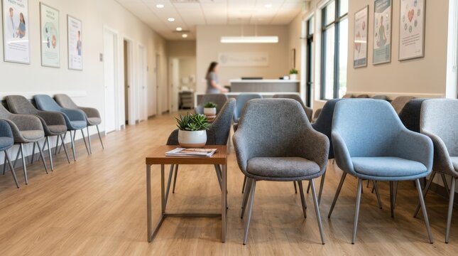 Medium shot emphasizing newly renovated waiting room seating in focus with softly blurred medical posters and distant exam rooms.