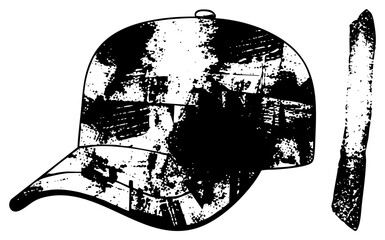 Obraz premium Distressed snapback hat graphic, weathered ballcap illustration, urban streetwear headwear, edgy apparel design, punk inspired cap silhouette.