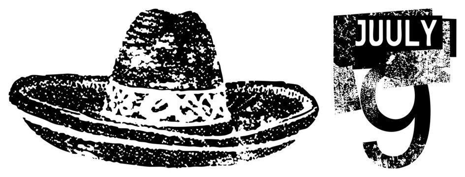 Mexican hat graphic with stippled shading, wide brimmed charro sombrero, festive headwear, cultural, print style.