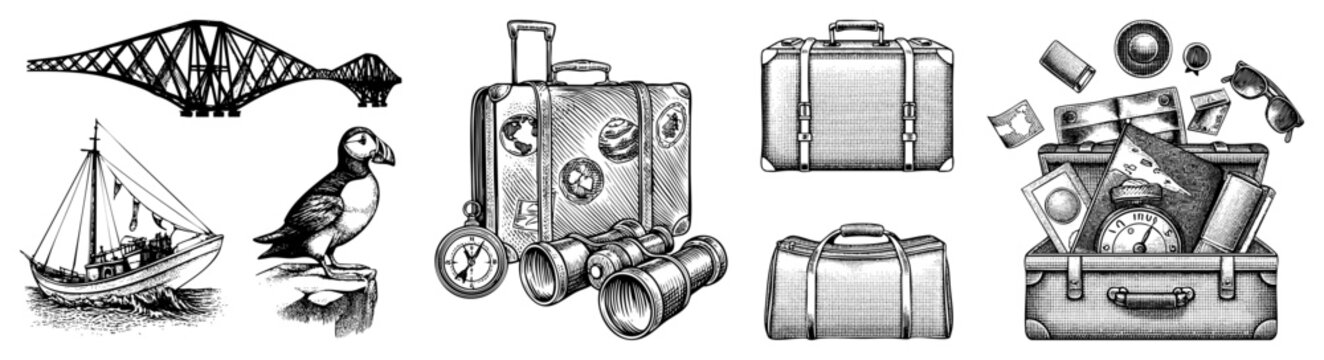 Retro travel themed vector graphics featuring luggage, optics, seabird, vessel, and landmark ideal for adventure branding, itinerary design, or wanderlust marketing campaigns.
