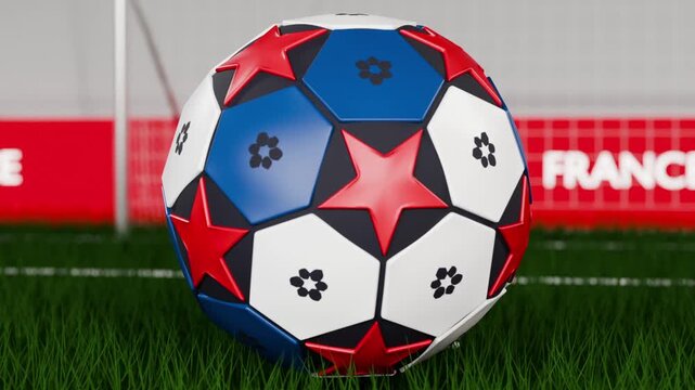 Spinning soccer ball rotating across lens, camera pulling back revealing goal and FRANCE board