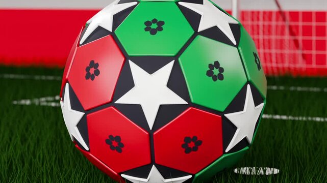 Releasing rig sending decorated soccer ball spinning down onto goal turf, revealing star panels