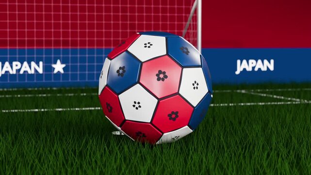 Shot sending spinning tricolor soccer ball onto turf, rolling and settling at goal with JAPAN band