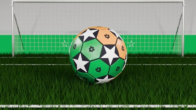 Cut revealing patterned soccer ball rotating, rolling onto turf, slowing and stopping on goal line