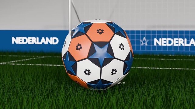 Spinning patterned soccer ball rolling onto synthetic turf near goal net, NEDERLAND board