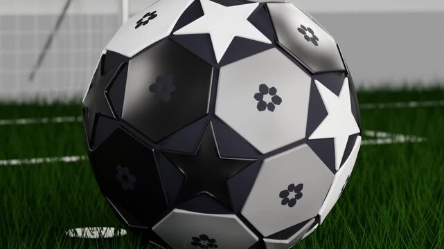 Pulling back camera, patterned soccer ball rotating and rolling across pitch toward goal to settle