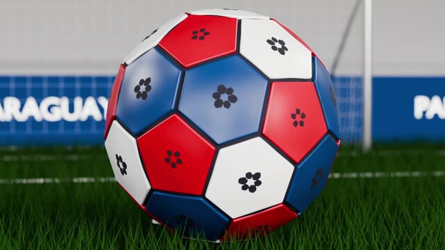 Rotating soccer ball rolling into view as camera pulling back to set ball before PARAGUAY hoarding