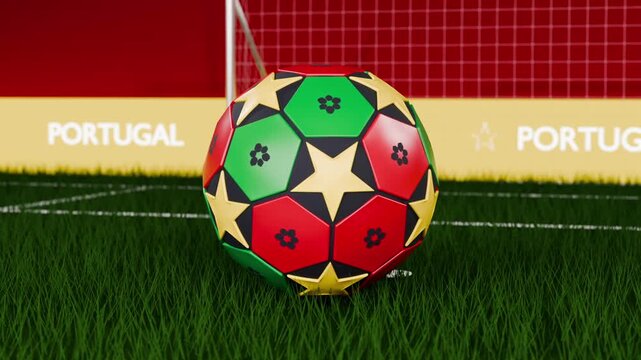 Rotating soccer ball landing on turf from closeup, settling before PORTUGAL band for promo display