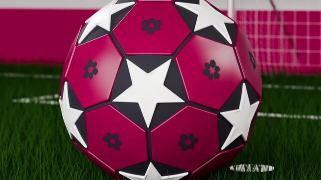 Camera pulling, tracking maroon soccer ball rotating toward goal, settling on grass, showing stars