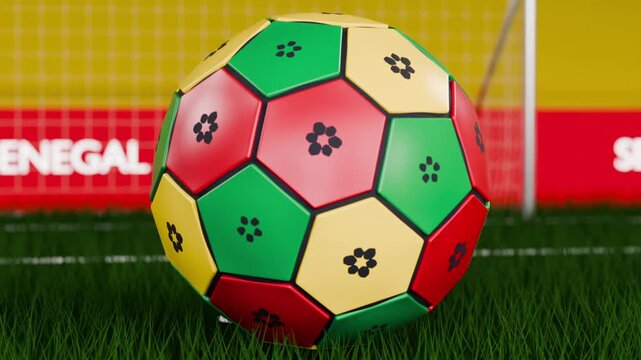 Camera pulling back showing colorful ball rotating then settling to stop on turf by goalpost