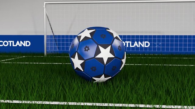 Camera pulling back, blue star ball rolling across pitch and settling in goal mouth with SCOTLAND