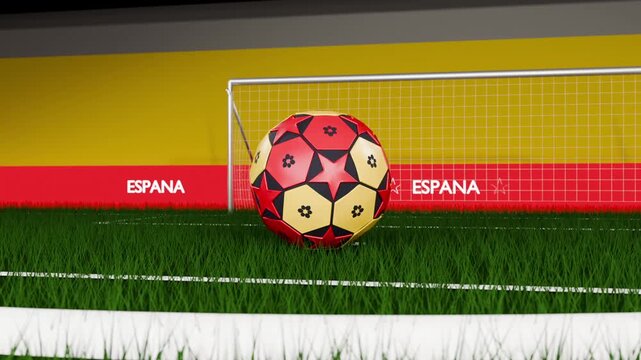 Spinning soccer ball moving from black backdrop into stadium, trying to cross white goal line