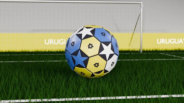 Shifting camera sending spinning soccer ball rolling onto turf, bouncing, showcasing URUGUAY board