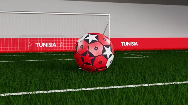 Rotating red-white soccer ball rolling on turf to goal after camera pulling back for promo, TUNISIA