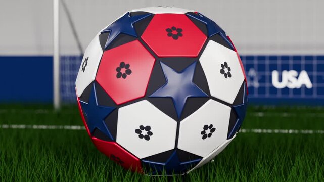 Camera pullback revealing spinning tricolor soccer ball landing on turf, showing USA board and goal