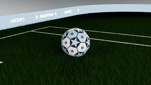 After shot rolling white-blue star soccer ball bouncing on penalty area turf, with goal net visible