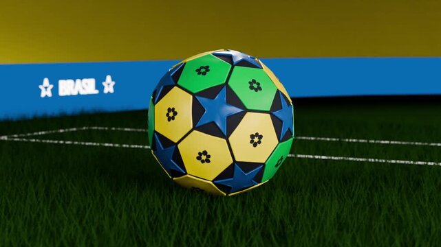 Pulling back camera revealing glossy soccer ball rotating and descending onto turf, landing upright