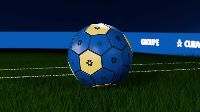 Spinning blue-yellow soccer ball descending toward pitch with ad band, gravity pulling it onto turf