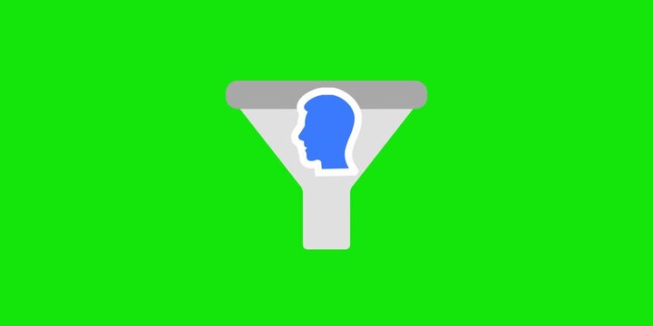 Funnel filter process symbol. AI output passing through funnel to human node validation point. Trust filtering concept scene. Clean interface element detail. Continuous flow motion animation.