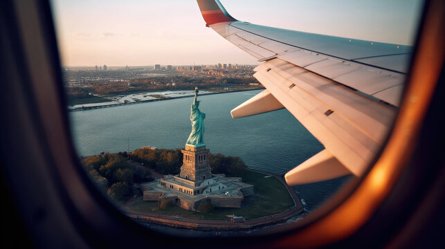 Aerial view of the Statue of Liberty and New York City skyline seen through an airplane window during a flight for travel and vacation concepts