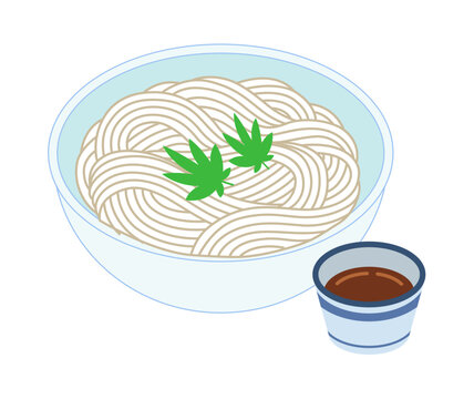 ガラスの器に入ったそうめんとめんつゆのイラスト