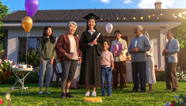 Happy Asian Family Celebrates Graduation Outdoors with Balloons and Cake.