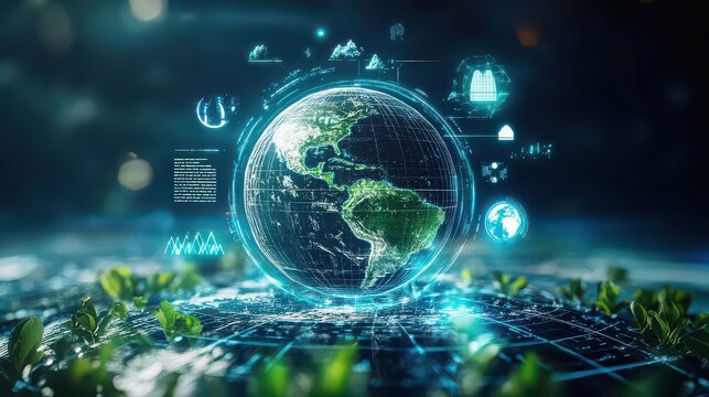 Futuristic earth with net zero biodiversity concept and digital elements on grid surface