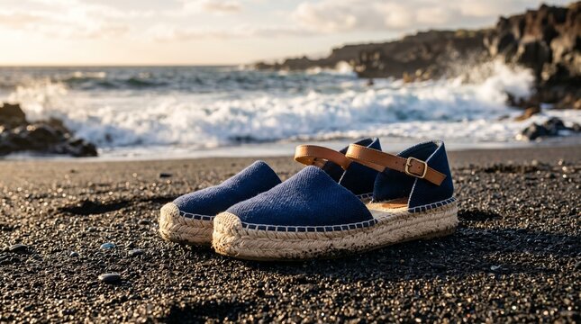 A pair of blue espadrille shoes on a rocky beach by the ocean at sunset