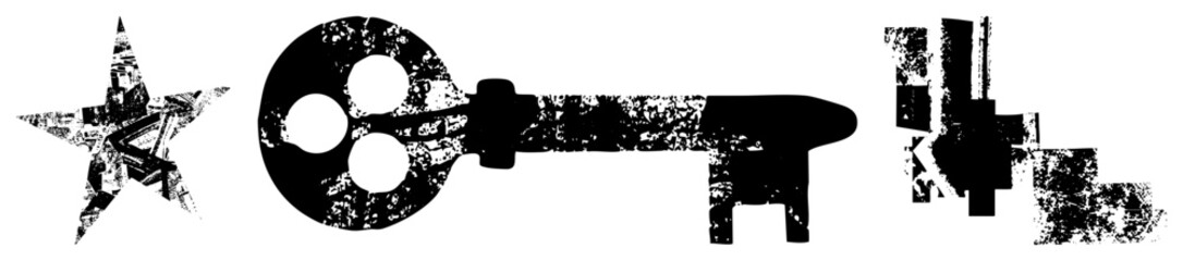 Obraz premium Distressed key and fragmented star symbol in, halftone texture, stencil art style, urban street graphic, vintage print aesthetic.