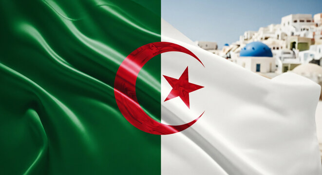 Algeria National Flag Waving Over Mediterranean Coastal Cityscape
