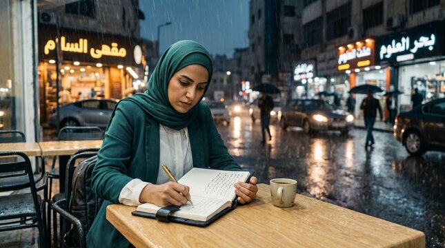 A woman in a hijab sits at a table writing in a notebook on a rainy city street at night