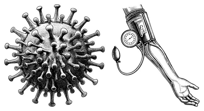 Retro engraved depiction of a coronavirus particle alongside sphygmomanometer on arm, medical diagram, pathological, diagnostic tool, anatomical sketch.