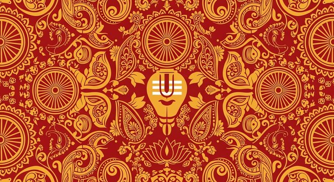 Vibrant traditional indian ethnic pattern featuring sacred vaishnavite tilak symbol, chakra, and lotus motifs on a rich red and gold background for cultural celebrations.