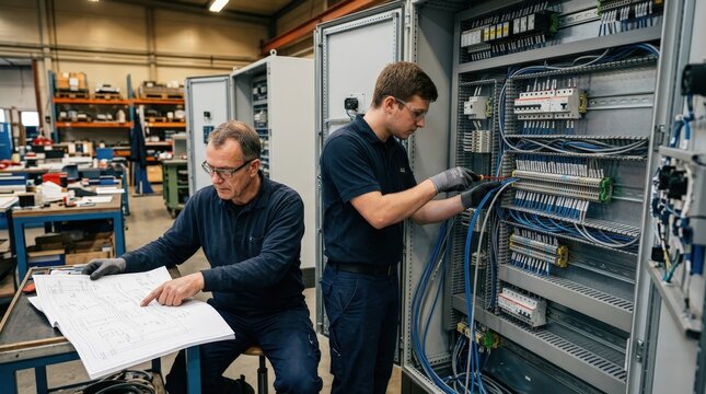 Technicians consulting wiring schematics while installing cables into a control cabinet highlighting the planning and precision in electrical panel assembly.