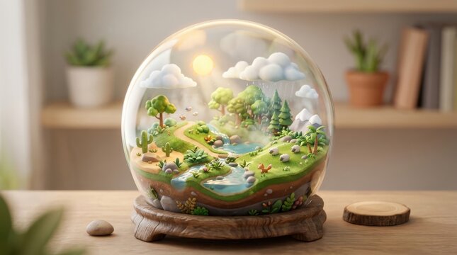 3D Nature Scene in Glass Sphere with Landscape and Wildlife Elements