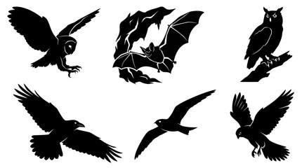 Fototapeta premium Nature Flying Animals Vector Silhouette Set - Owl, Bat, Raven, Falcon Black Glyphs