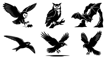 Fototapeta premium Wildlife Birds and Bat Black White Glyph Vector Icons Set