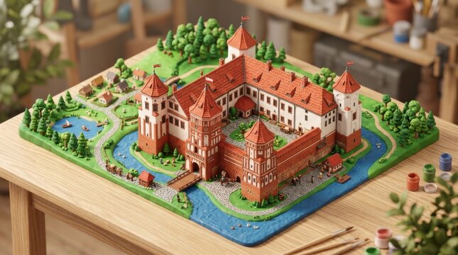 Detailed Isometric Model of a Castle Surrounded by Scenic Landscape
