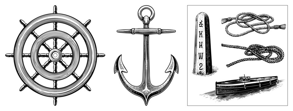 Maritime symbols including helm, anchor, sailor&rsquo;s knots, depth marker buoy, and dinghy rendered as engraved art for tattoos, logos, or nautical branding.