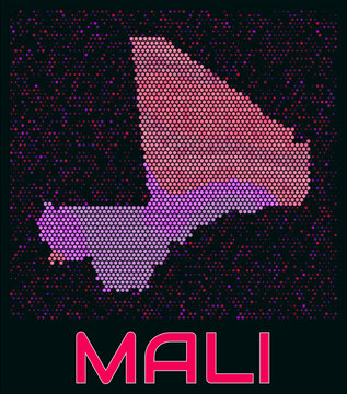 Mali digital style hexagon map. Vibrant magenta purple pink neon dotted shape. Country tiny bright hexagon cells. Mali honeycomb map design. Creative Vector Illustration.