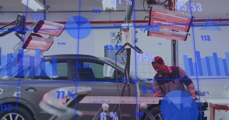Fototapeta premium Repairing tech in workwear sanding panel at workshop, with grey hatchback, AR overlays, copy space