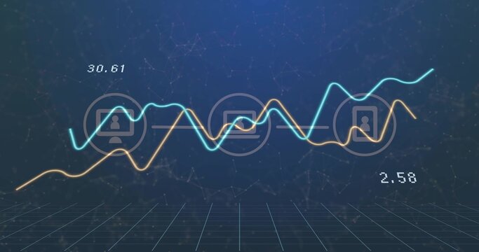 Displaying cyan and yellow waveform lines running on deep blue grid, with profile icons, 30