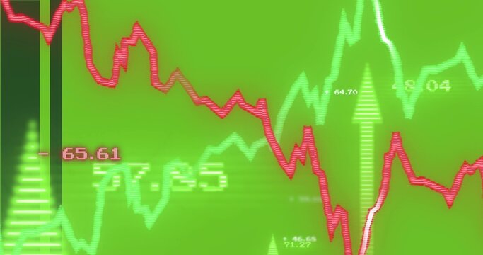 Showing chart overlay on trading screen with red decline, green lines, numeric readouts, arrows