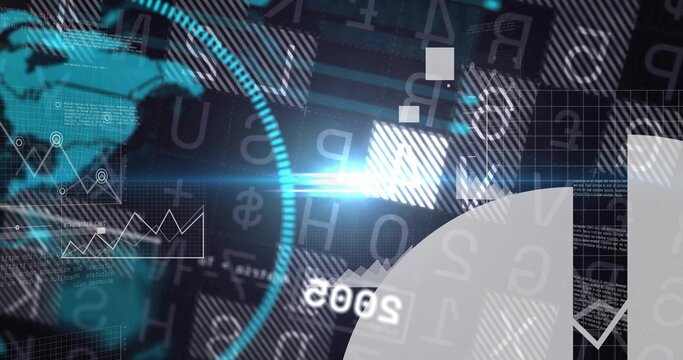Displaying teal circular HUD moving on digital dashboard with ring ticks, world map, copy space