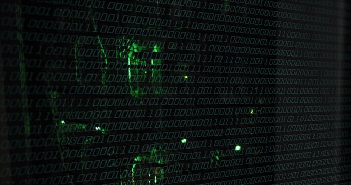 Displaying green binary matrix overlaying circuit traces on reflective panel, glowing LED points